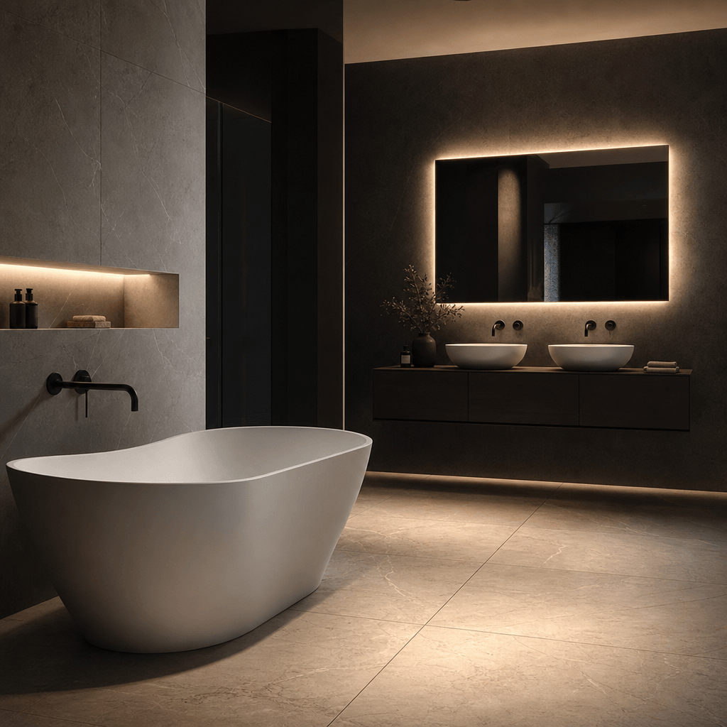 Photorealistic AI-rendered contemporary bathroom — freestanding sculptural matte white bathtub, large-format pale stone 