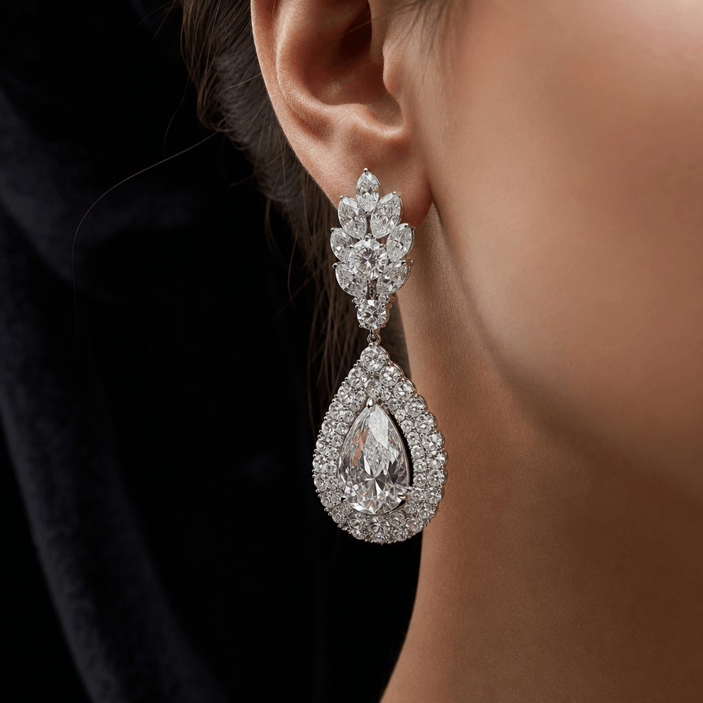 Photorealistic jewelry try-on: close-up macro editorial of statement drop earrings with pavé diamonds worn at the ear, s