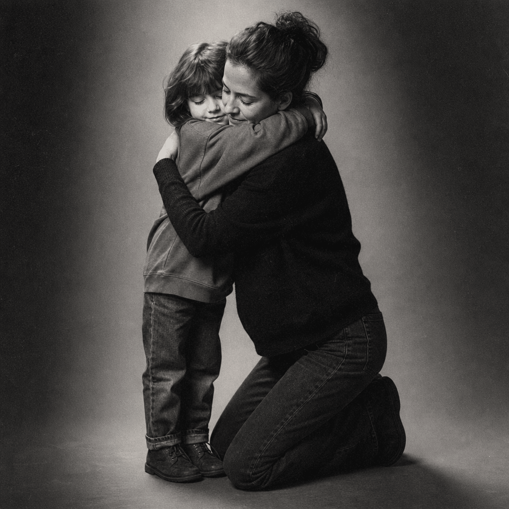 A monochrome archival-inspired portrait of an adult kneeling to hug their younger self, high-contrast black-and-white fi