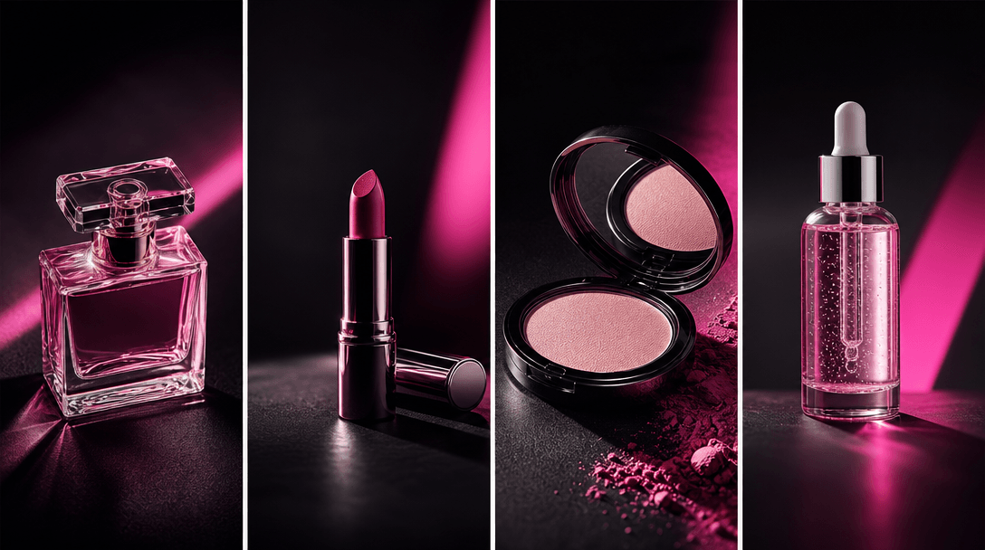 Four distinct beauty products arranged in a rhythmic campaign series across a dark studio table, each receiving a differ
