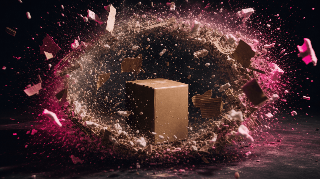 An unopened shipping box at the center of a dark studio as a powerful circular shockwave of paper, dust, and packing mat