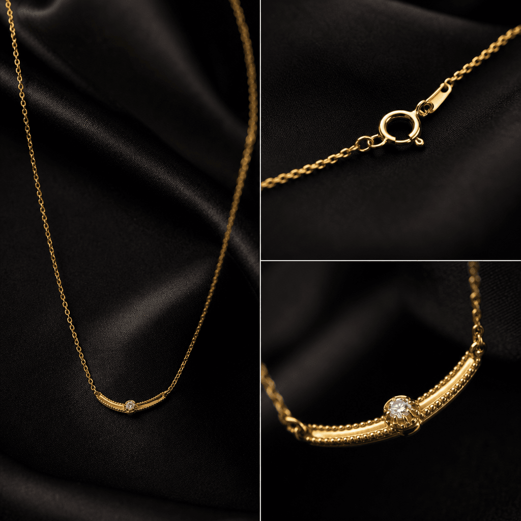 A delicate gold necklace shown across three complementary close-up compositions, black silk folds, warm pinpoint studio 