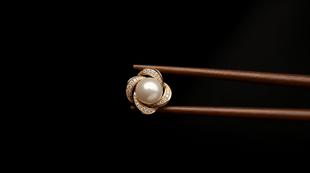 Jewelry piece being positioned on chopsticks, slow graceful motion, minimalist composition, professional lighting setup,