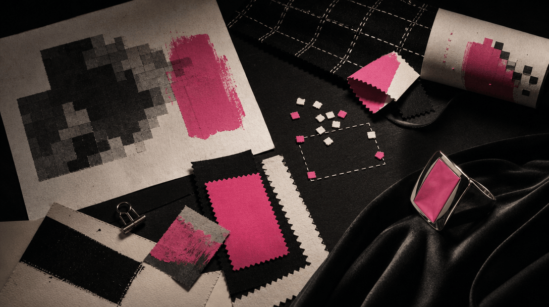 A cinematic still life of vintage computer-art materials translated into fashion: coarse pixel edges, paper grain, paint