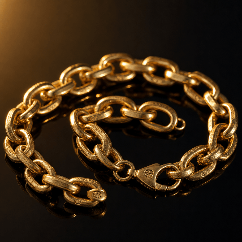 Gold link bracelet coiled loosely on a black reflective surface, warm single-source studio light from the upper left tra