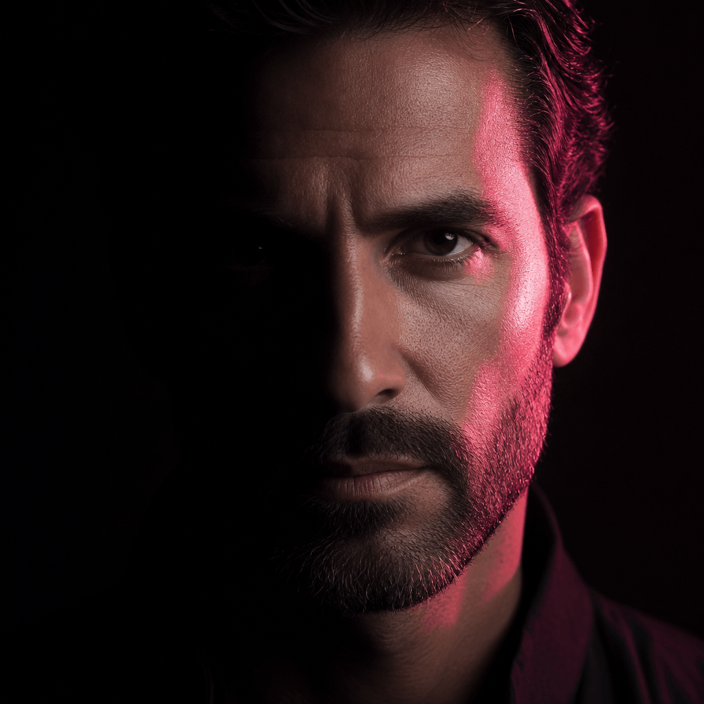 Close-up editorial portrait: dramatic split lighting with one half in deep shadow, a hot-pink accent rim light grazing t