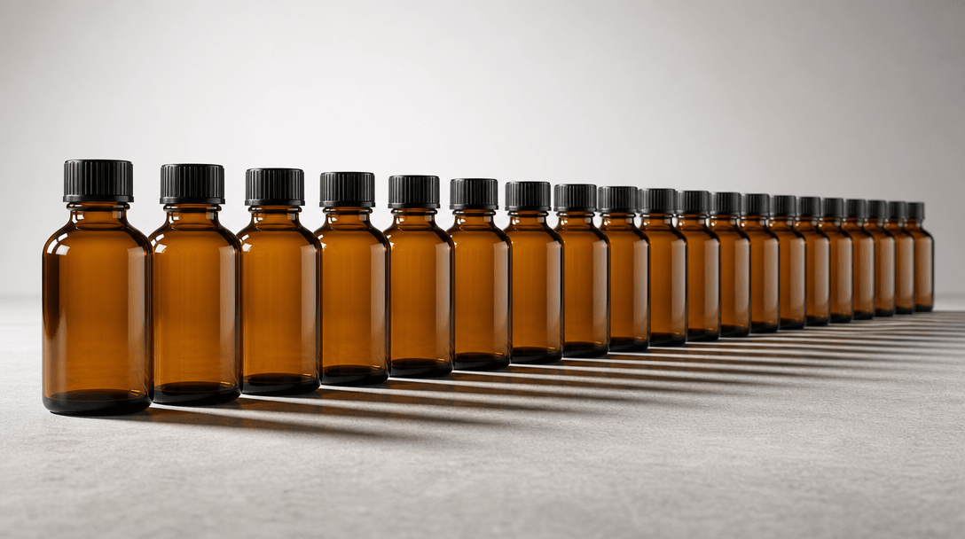 A perfectly uniform row of identical amber glass bottles viewed from a low wide angle on a bench surface, studio lightin