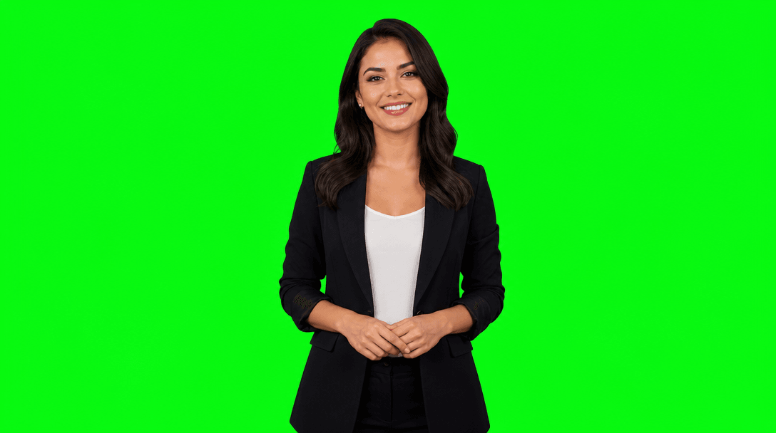Green-screen color key perfect chroma, clean edges ready for compositing, vivid pure green background, broadcast standar