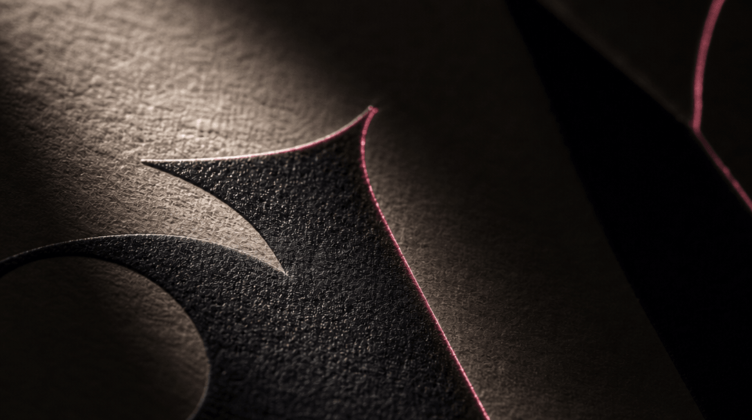 Abstract extreme macro of letterform counters and serifs on thick matte paper, dramatically side-lit so ink texture and 