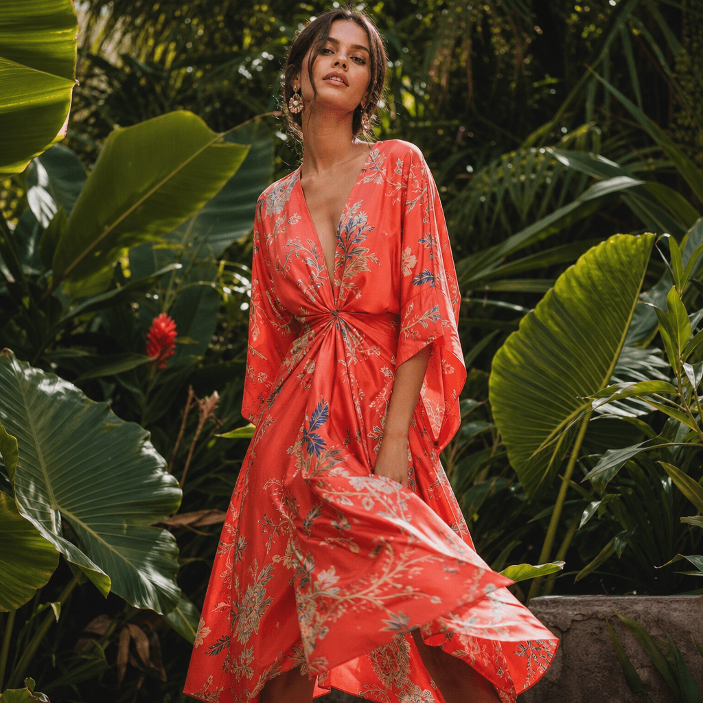 Square editorial fashion photograph: a model in a vibrant coral printed silk midi dress photographed against a lush trop