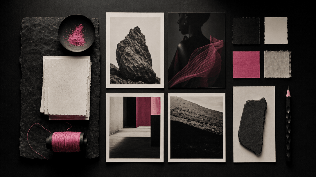 An art director's physical moodboard on a matte black table, four contrasting image prints, pigment swatches, textured p