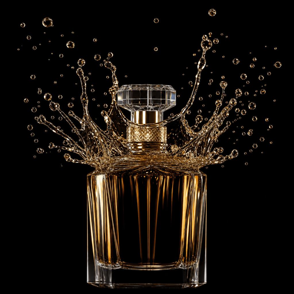 A glass perfume bottle with a crown-splash of liquid frozen mid-air against a pure black background. High-speed studio p