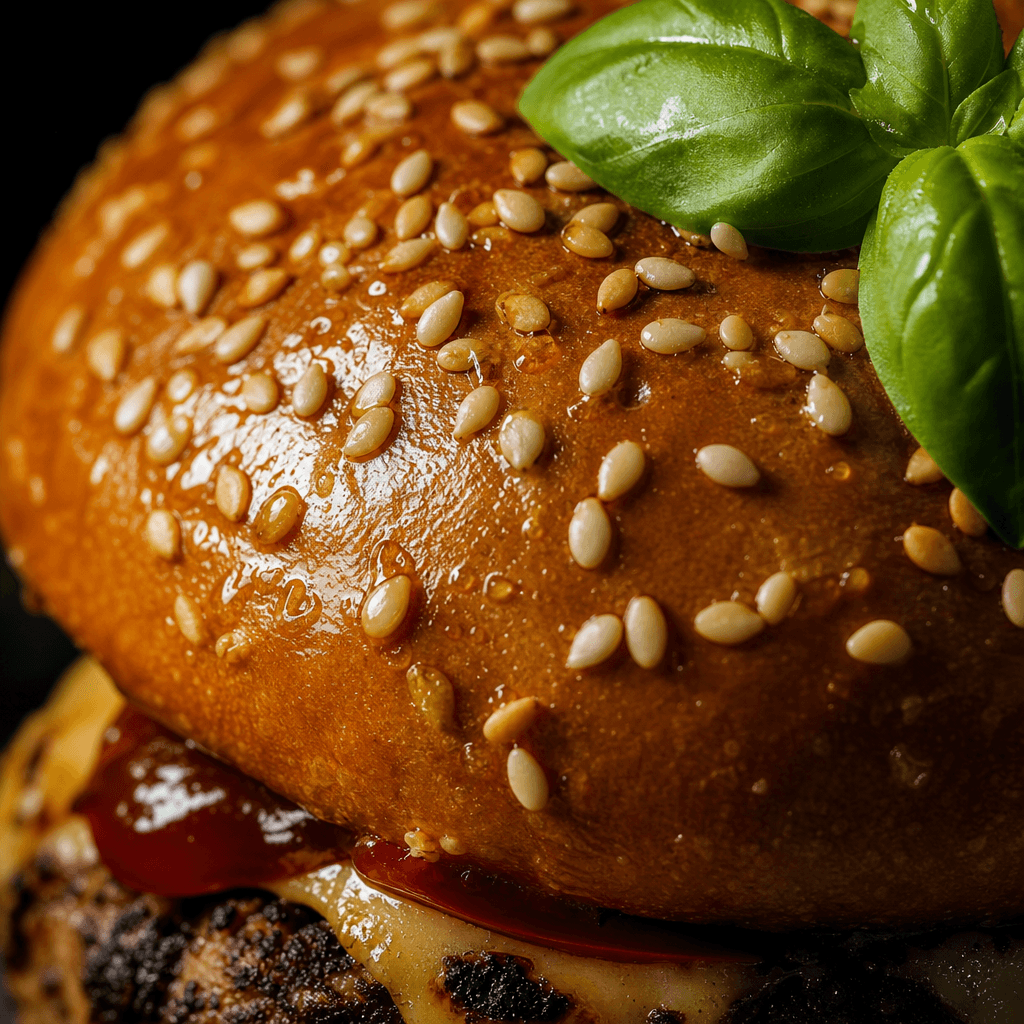 Macro food texture close-up detail. Detailed sesame seeds on toasted burger bun, glossy sauce droplets, fresh vibrant ba