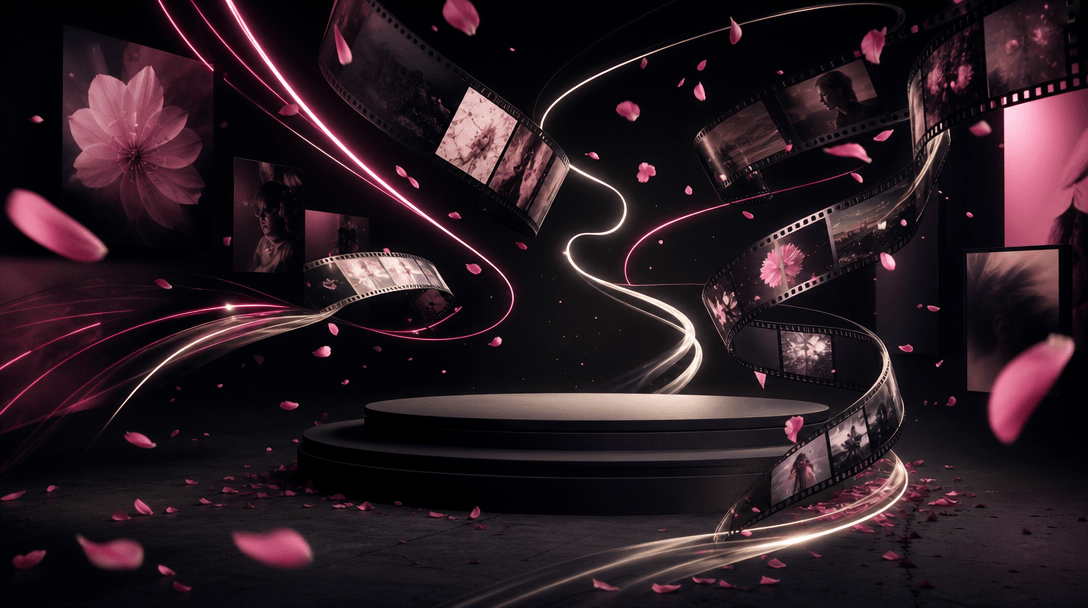 A cinematic visual ecosystem where floral petals, strips of photographic film, and flowing light trails converge around 