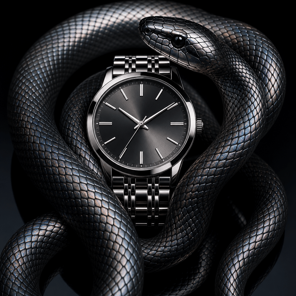 A polished silver watch framed by a graphite snake with metallic iridescent scales, black reflective surface, dramatic o