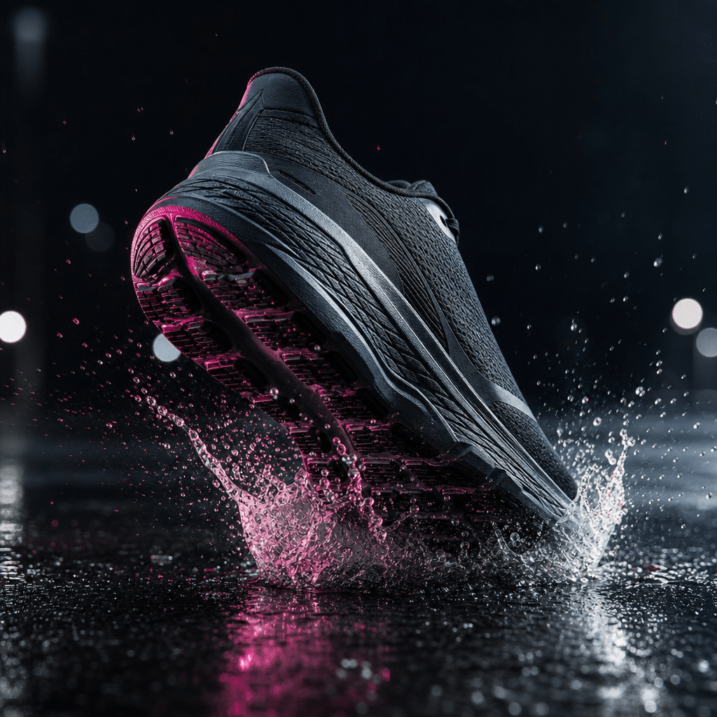 A technical running shoe landing on wet black asphalt with a precise splash of water and tiny reflective droplets, low d