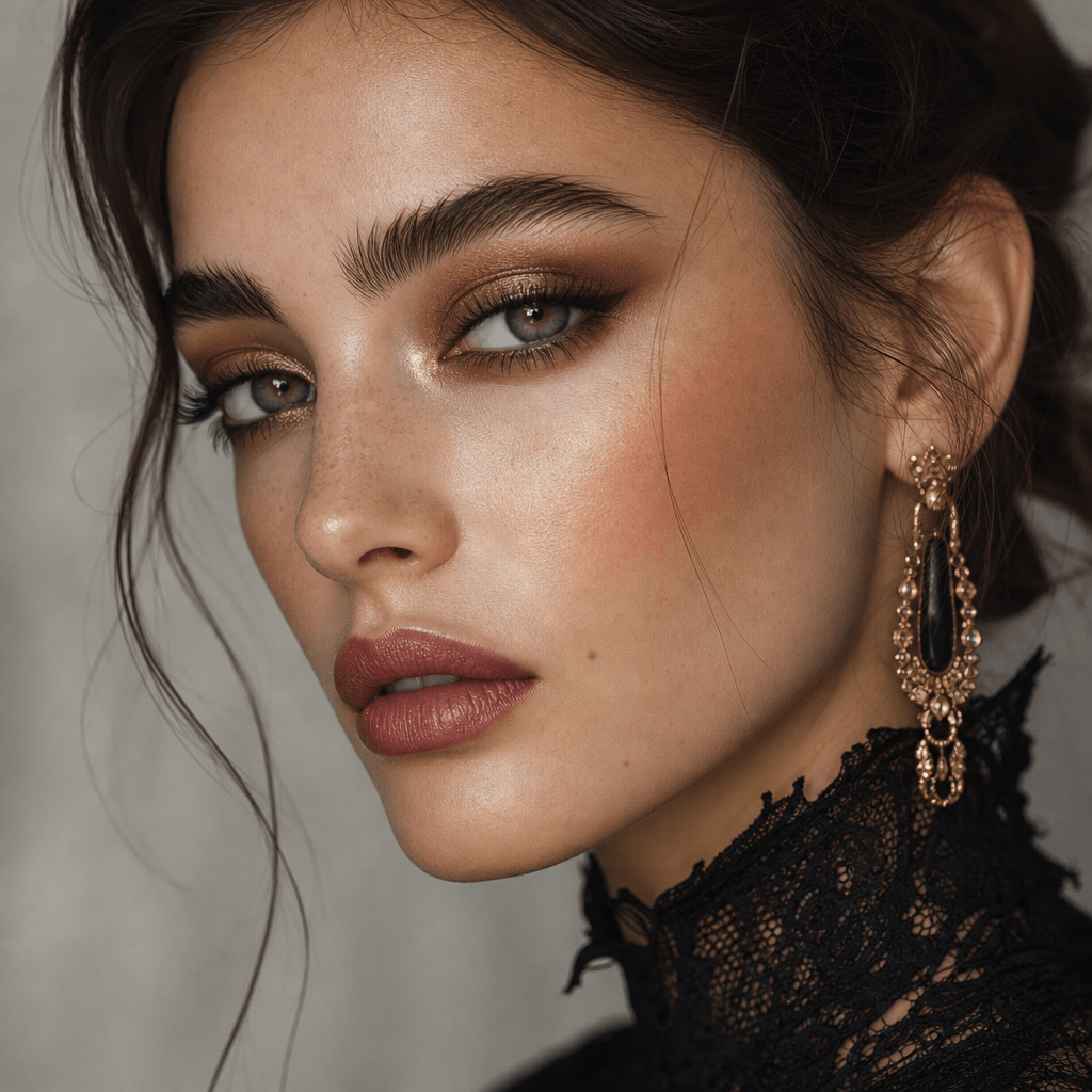 A close-up of a model's face in a high-fashion portrait, highlighting intricate makeup and elegant styling. The backgrou