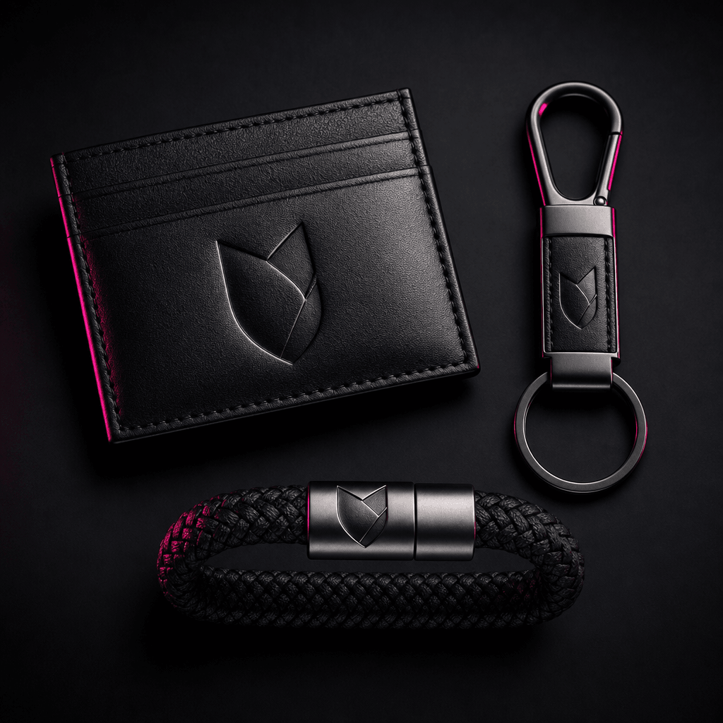 A coordinated trio of branded accessories displayed in a clean overhead arrangement, mixing leather, metal, and woven ma