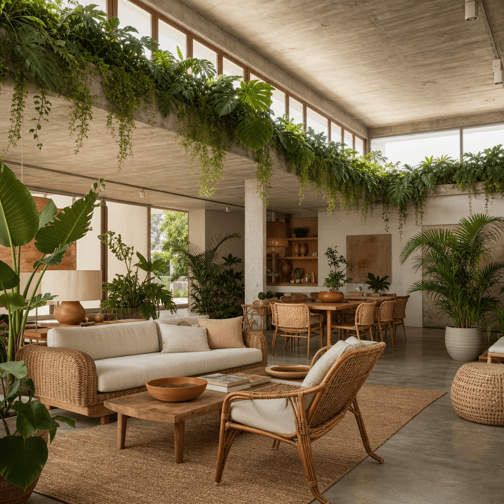 Biophilic design open-plan interior. Exposed concrete ceiling with integrated plant troughs overflowing with tropical fo