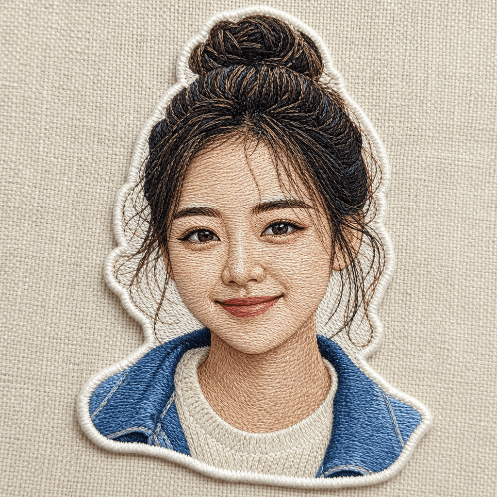 Hand-embroidered portrait sticker, realistic face features in thread, multicolor embroidery, detailed needlework, fabric