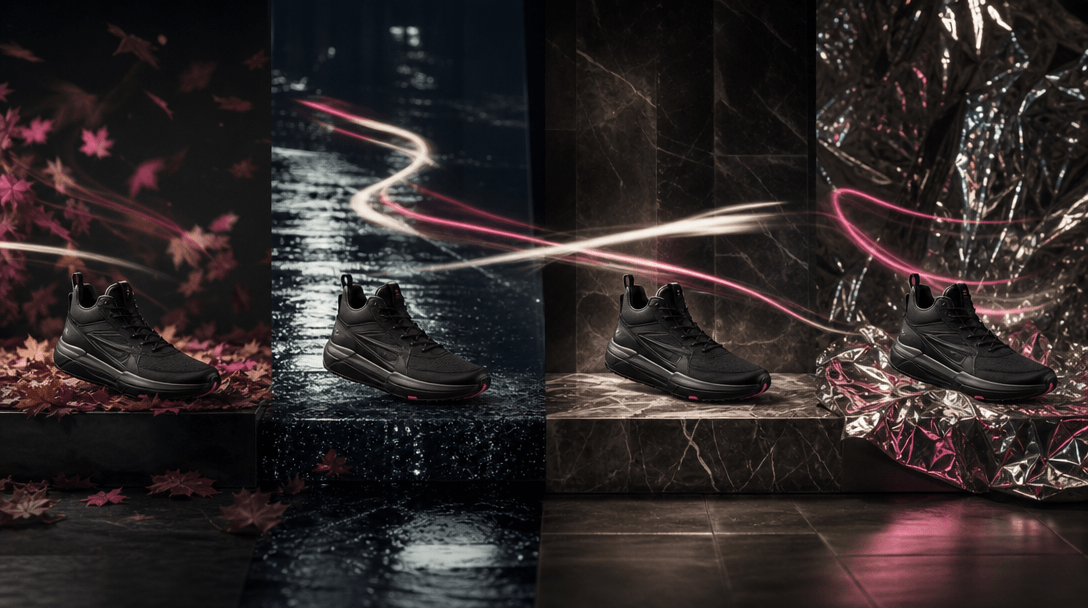 Four coordinated footwear campaign scenes arranged as a physical studio set rather than an interface: seasonal leaves, w