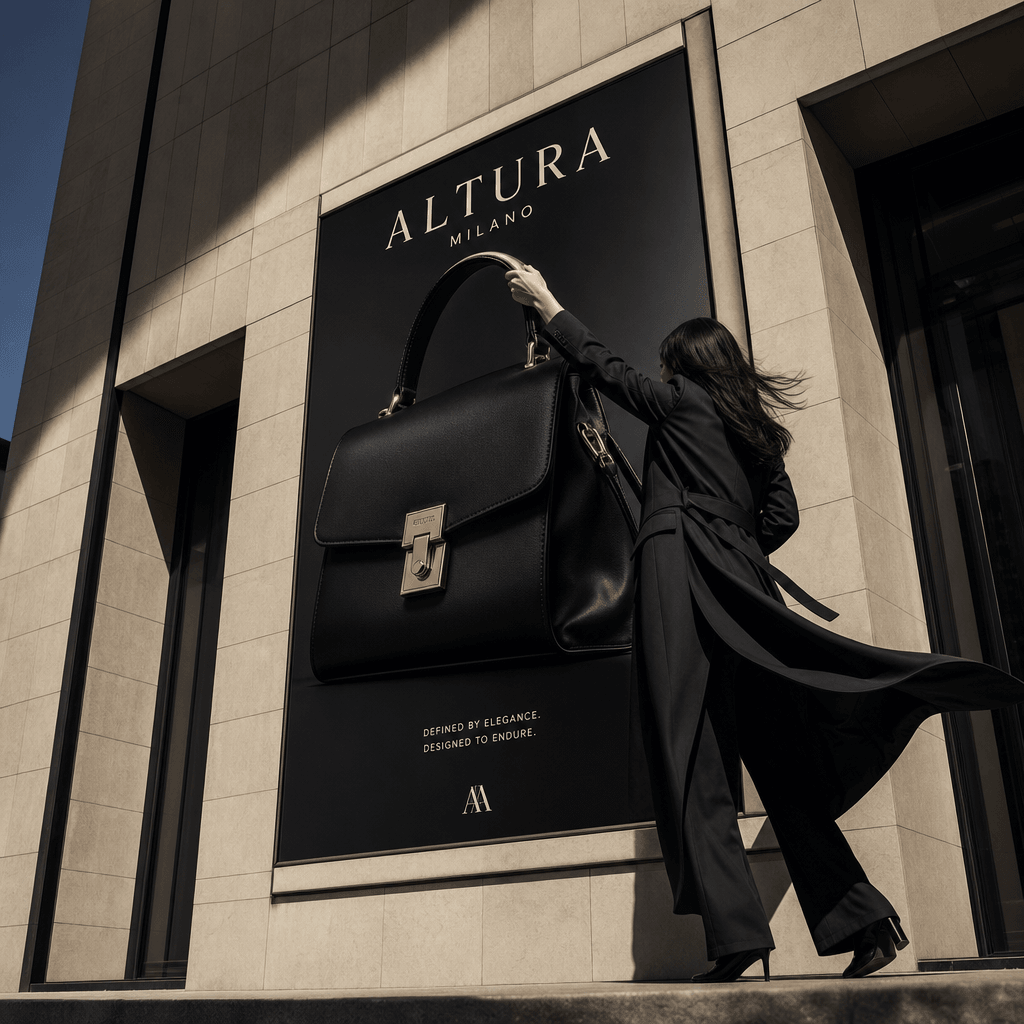 Square accessory advertisement showing a sleek black handbag being lifted from a sunlit building billboard by an anonymo