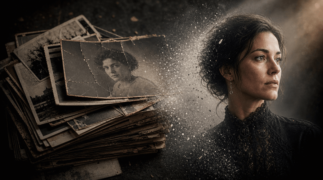 A stack of aged monochrome photographs transitioning into a richly detailed contemporary portrait through light and airb