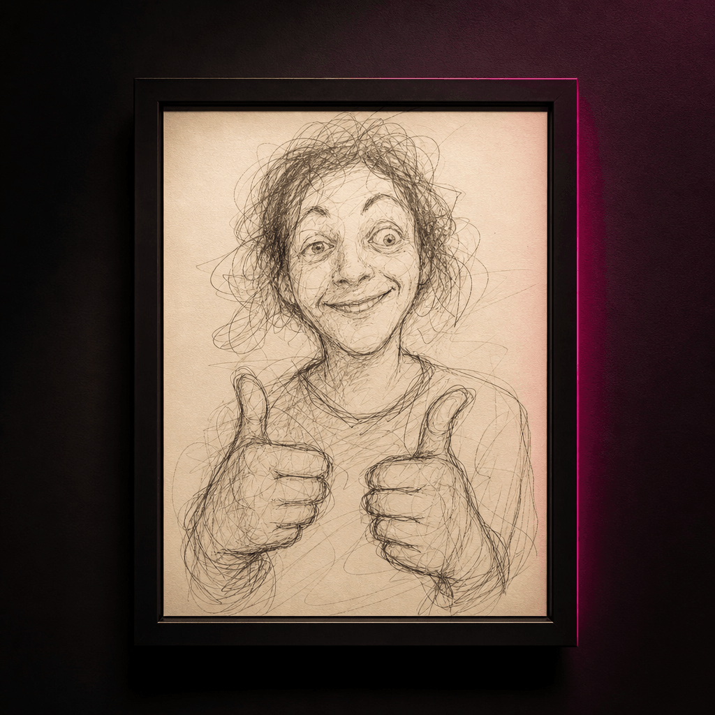 A cheerful human portrait redrawn as comically inept scribble art, recognizable expression but uneven eyes, shaky contou
