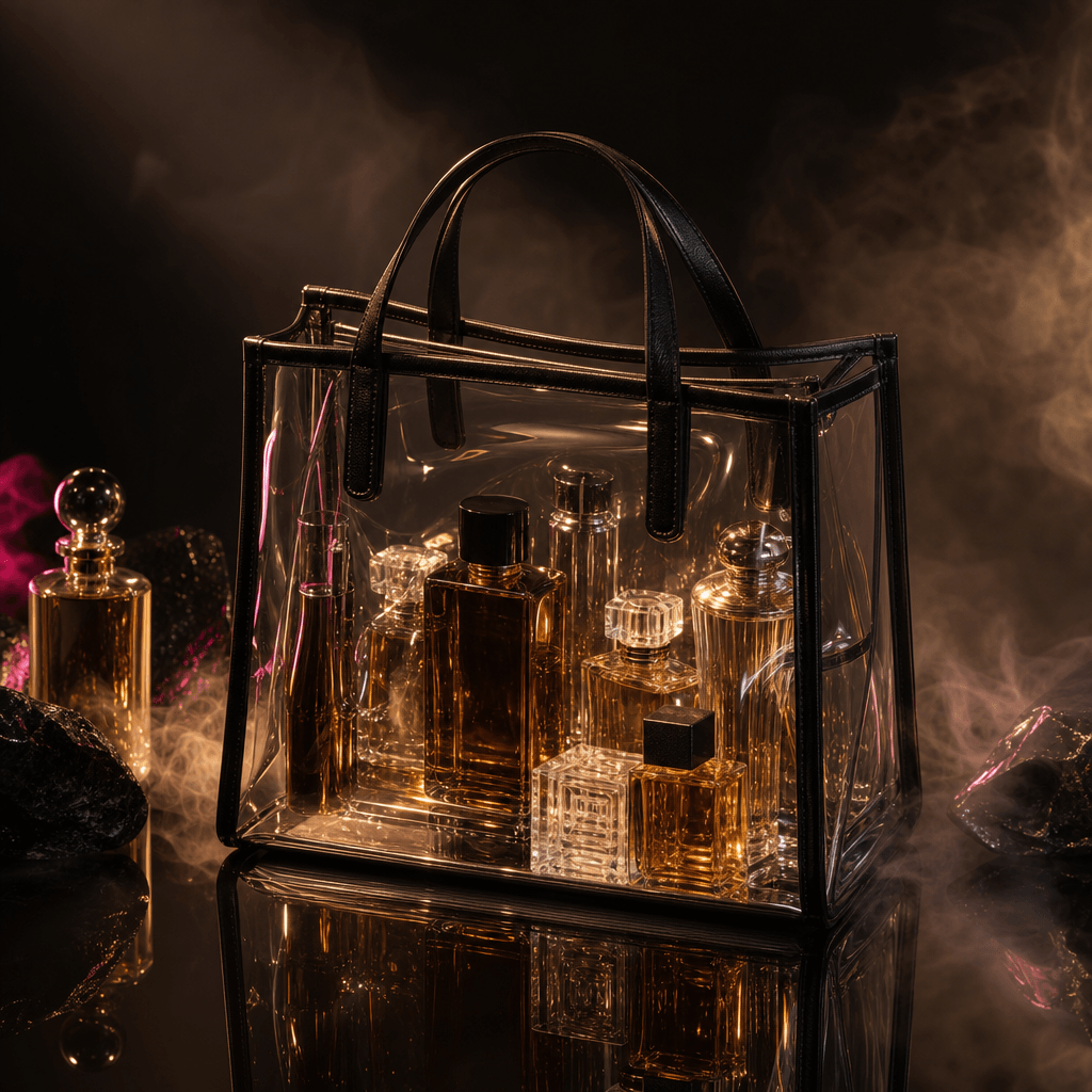 A clear tote containing amber fragrance bottles and translucent perfume vessels, surrounded by faint atmospheric mist on