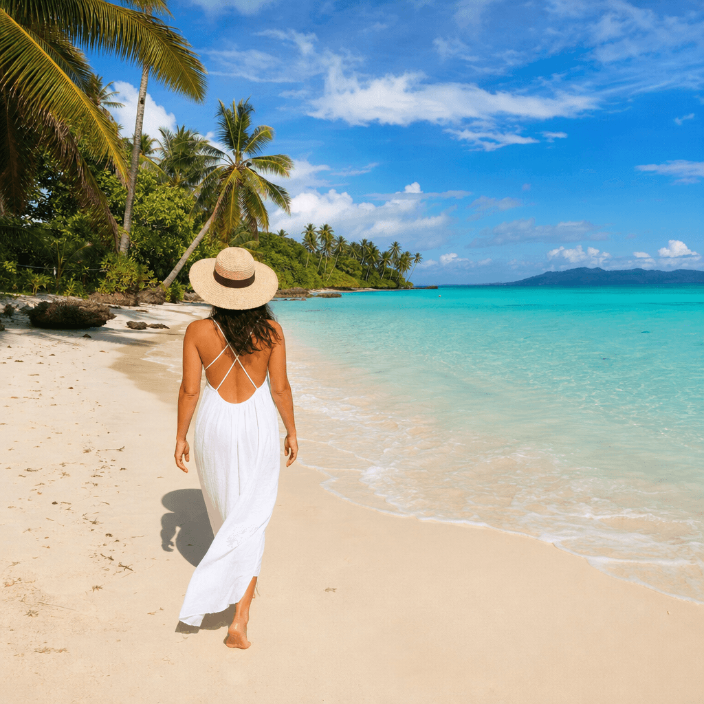 Traveler on white-sand tropical beach with turquoise ocean. Bright tropical sunlight, vacation paradise aesthetic, authe