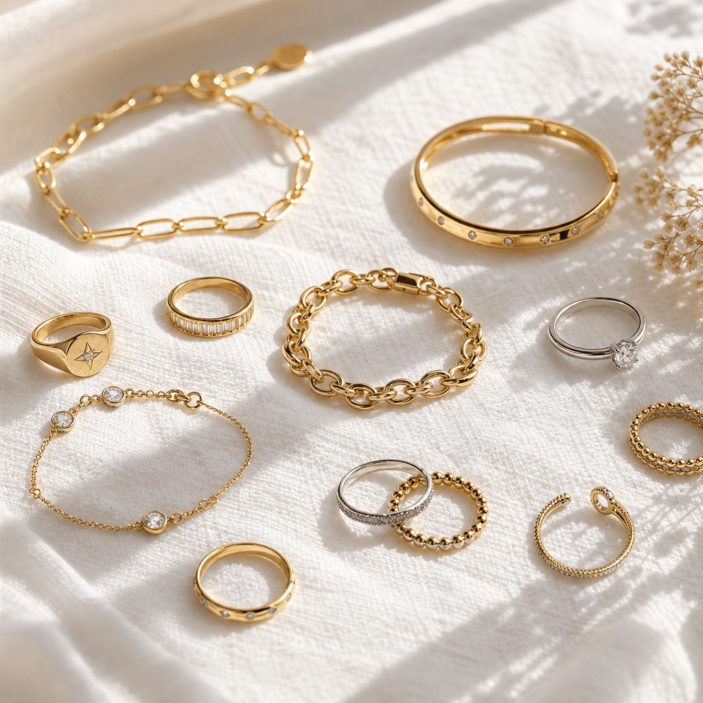Collection of jewelry pieces artfully arranged on textured white bedding, multiple rings and bracelets, morning sunlight