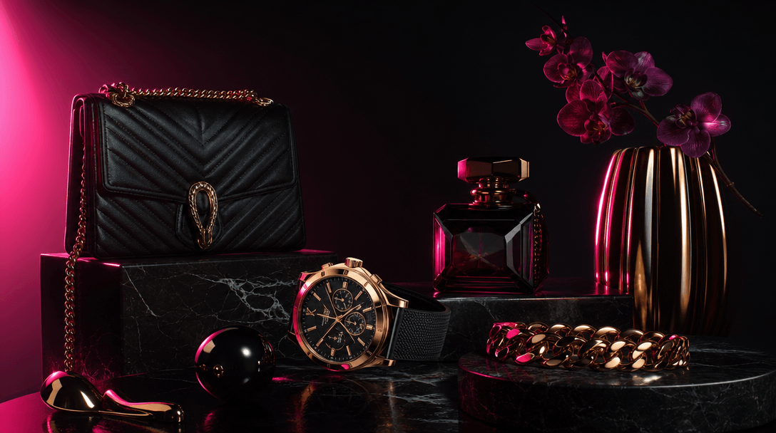 Editorial product composition of luxury items at multiple heights and scales arranged in deliberate visual hierarchy aga