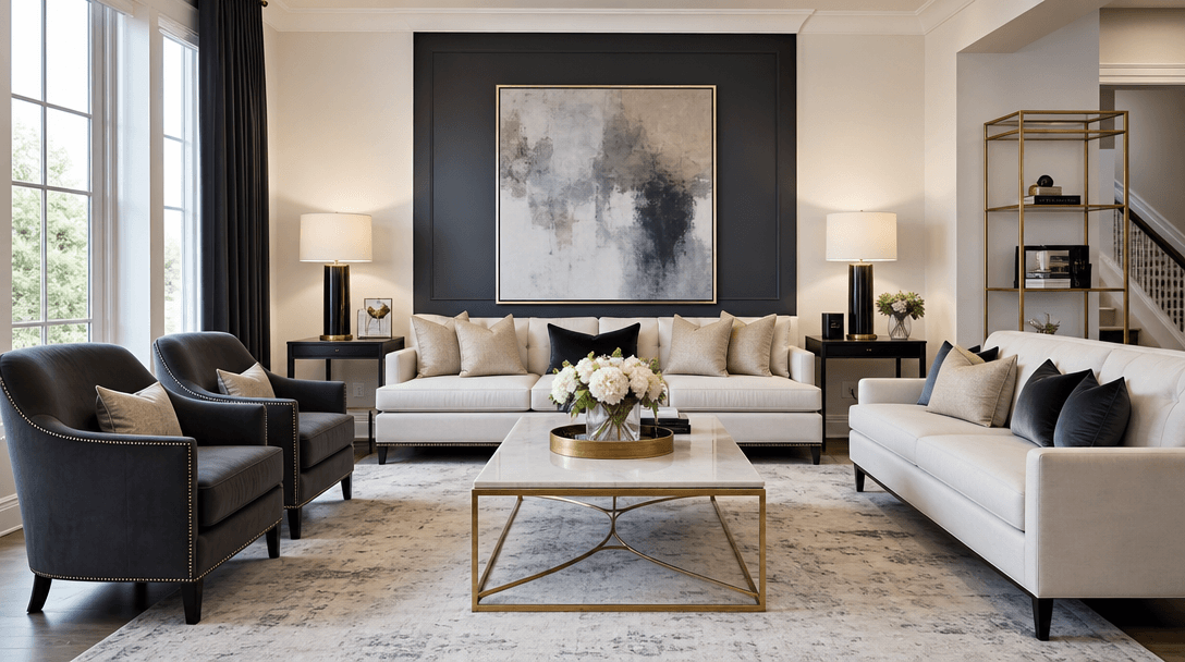 Polished professional interior design photograph showing immaculate beautiful space with perfect studio lighting, flawle