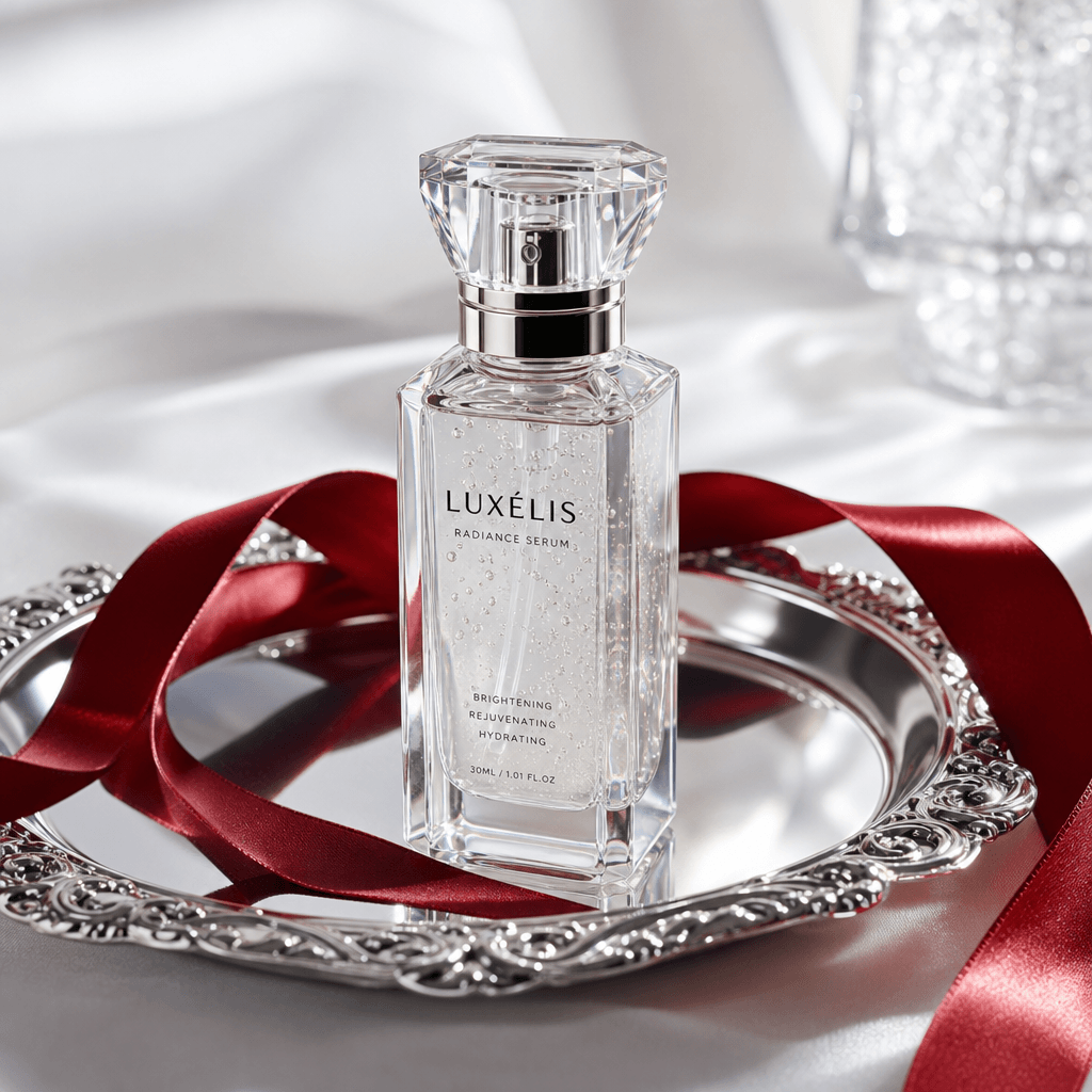 Beauty serum or liquid product in crystal bottle on silver platter with red ribbon, translucent liquid catching studio l