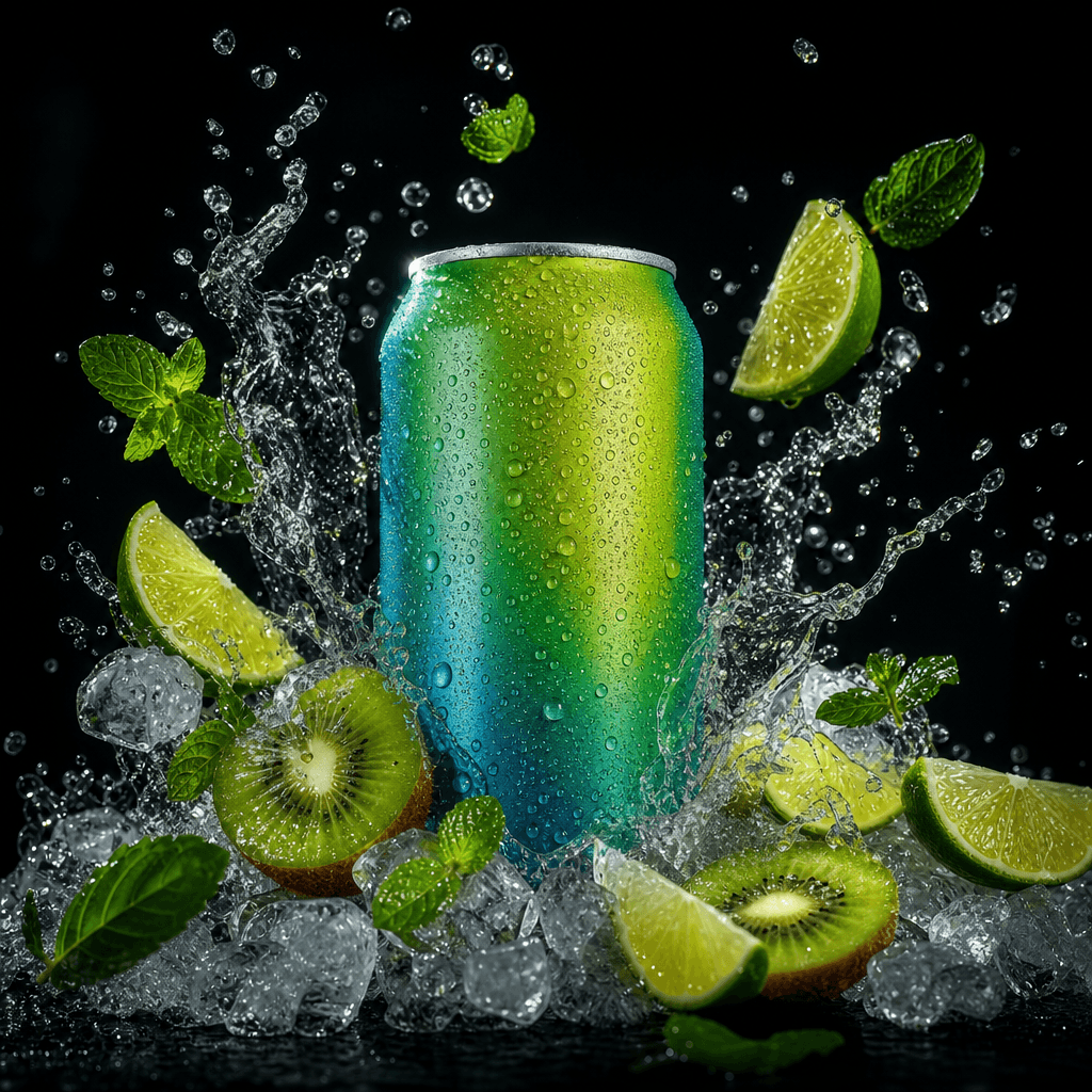 Colorful canned beverage emerging from an energetic splash with lime, kiwi, mint leaves, and crushed ice, dark cinematic