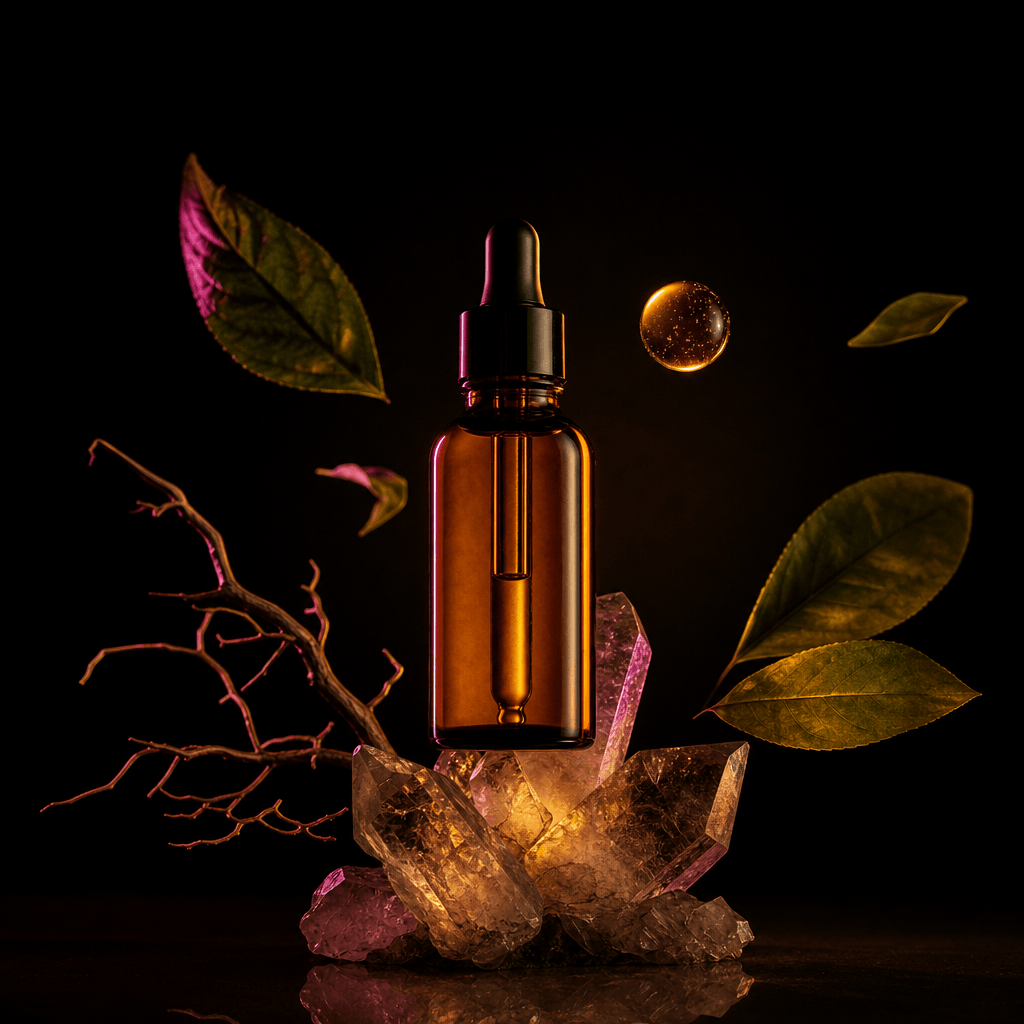 An amber wellness dropper bottle balanced on translucent crystal forms with floating leaves, roots, and a single suspend