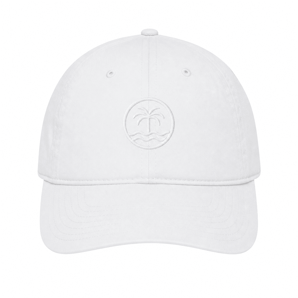 White structured dad hat with tonal embroidered logo, centered on a seamless white ecommerce sweep background, perfectly