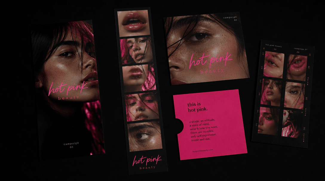 One central photobooth strip branching into several physical campaign formats on a black studio surface: a vertical prin