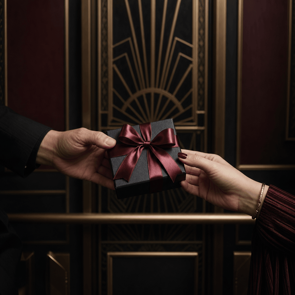 A small premium gift box with a satin ribbon being shared inside an art deco elevator, cinematic dark editorial photogra