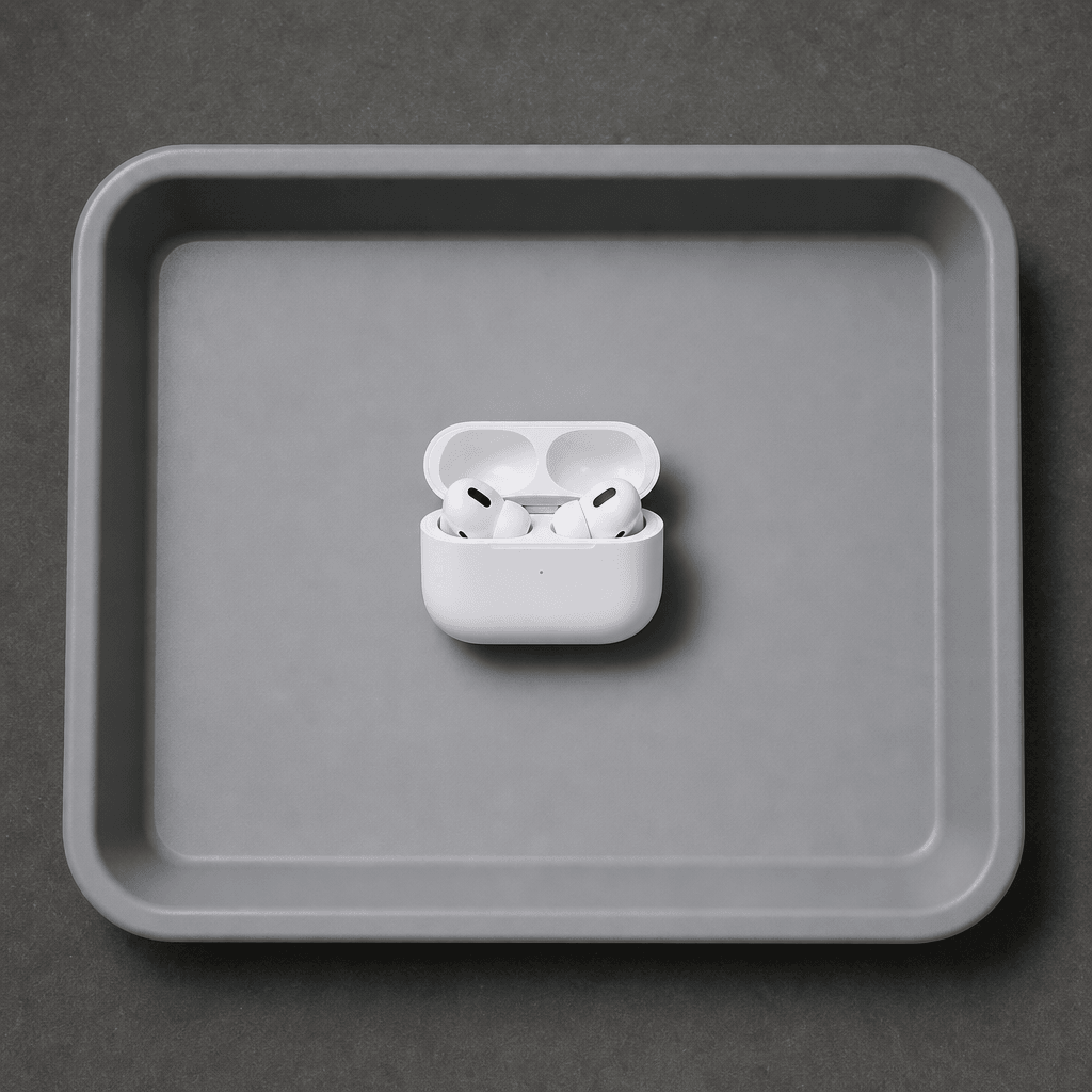 Photorealistic top-down image of premium white wireless earbuds in an open charging case placed on a gray airport securi