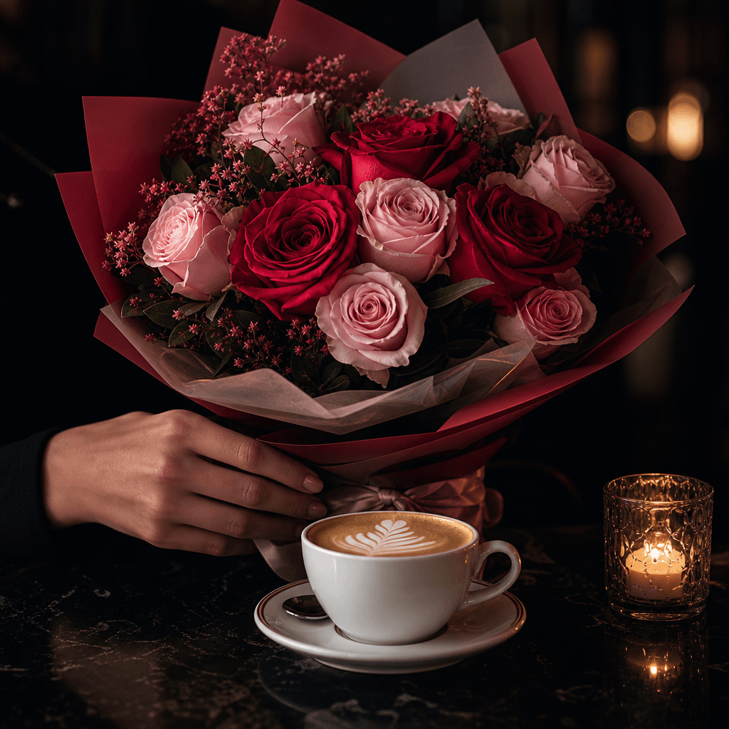 A romantic bouquet of red and pale pink roses held close to a porcelain cappuccino in a quiet evening café. Deep near-bl