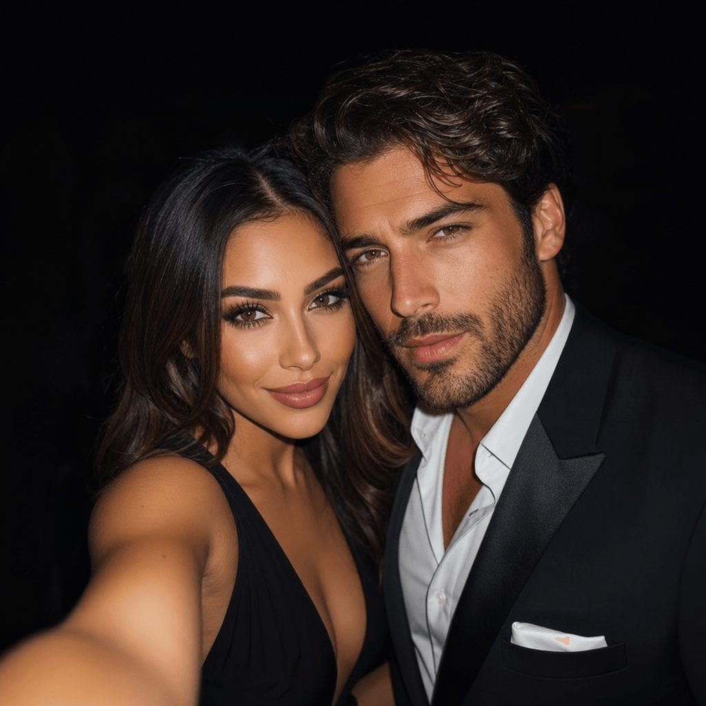 Hollywood glamour selfie aesthetic, dramatic professional lighting setup, two faces in perfect sharp focus, luxury makeu