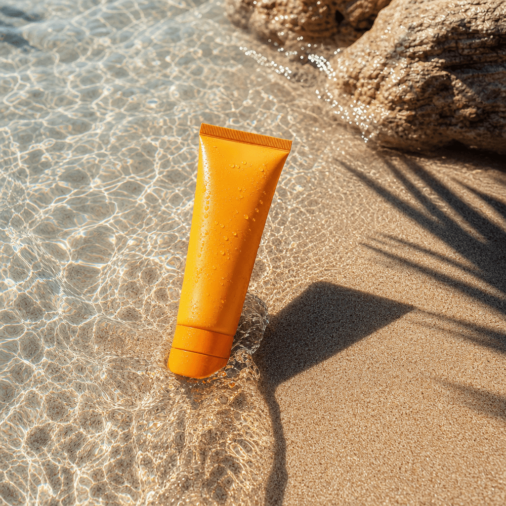 A bright sunscreen tube standing in sunlit tropical shallows, clear water and warm sand creating delicate reflected patt