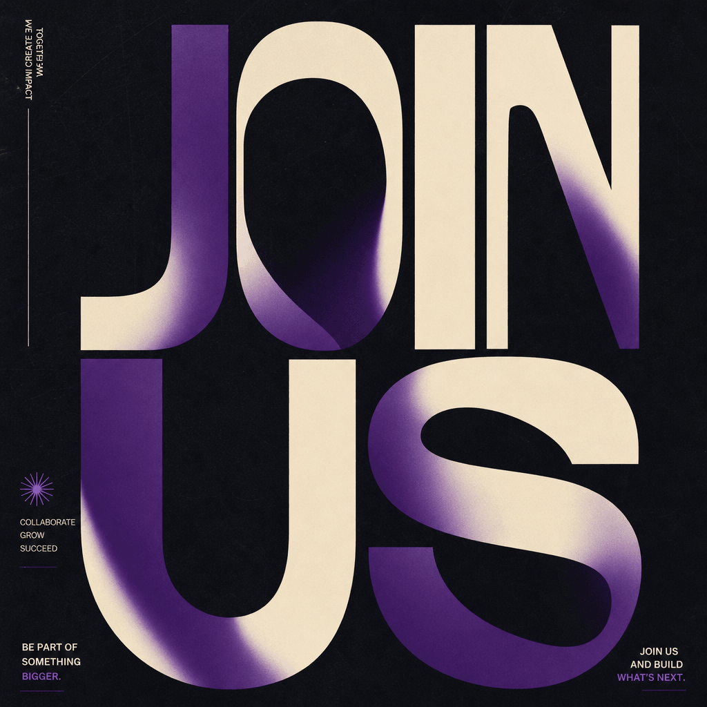 Typography poster featuring 'JOIN US' in fluid modern sans-serif, deep purple and cream colors, dark background with sub