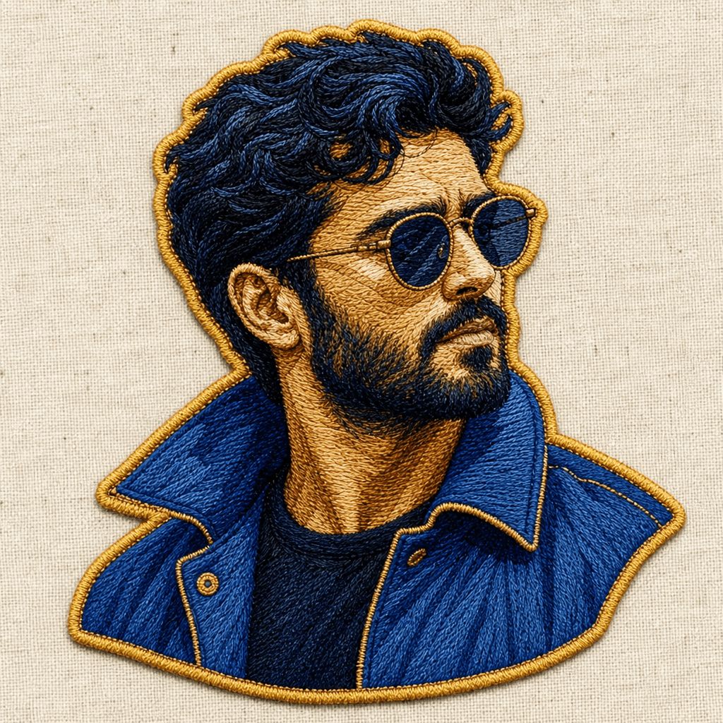 Embroidered portrait sticker of man, bold thread work, blues and golds, hand-stitched aesthetic, textured fabric backgro