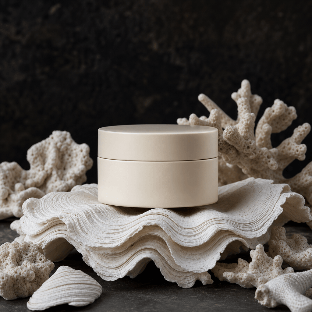A minimalist skincare jar centered on layered white shells with soft coral fragments, photographed in a refined coastal 