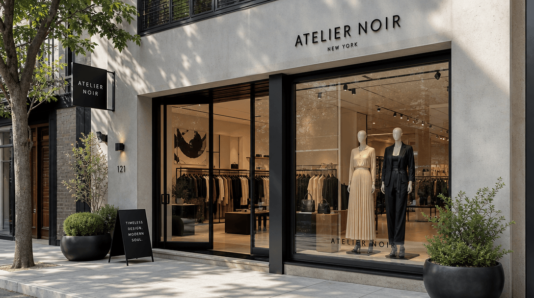 Boutique storefront with modern architectural details. Fashion-forward setting with natural light and clean lines. Upsca
