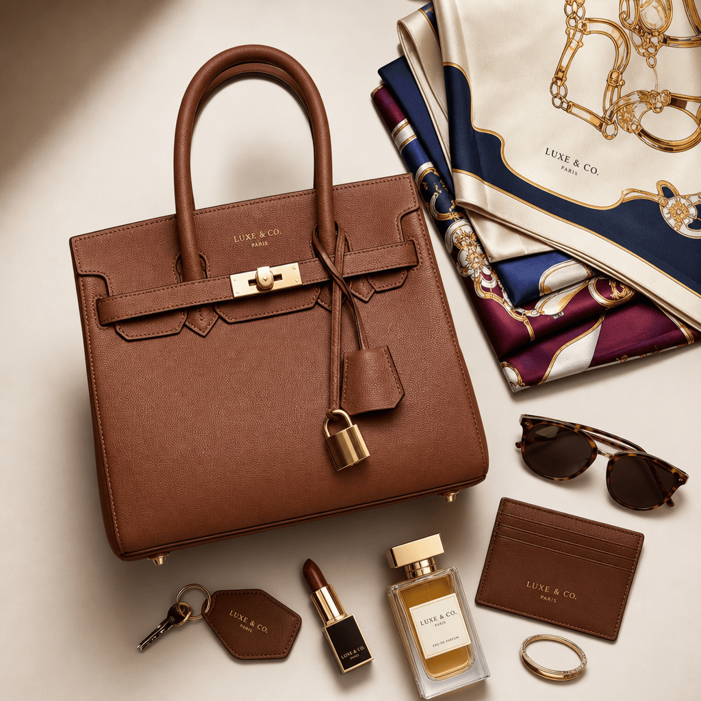 Overhead shot of designer handbag with folded silk scarves and small accessories. Professional product lighting, rich co
