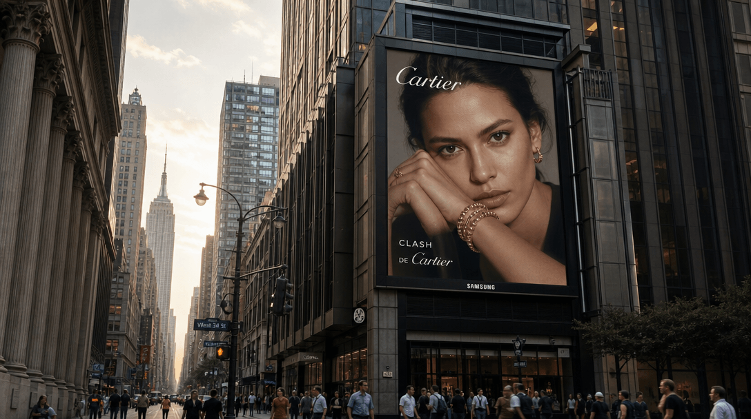Dramatic urban context: billboard framed by architectural elements, multiple scale reference points showing building hei