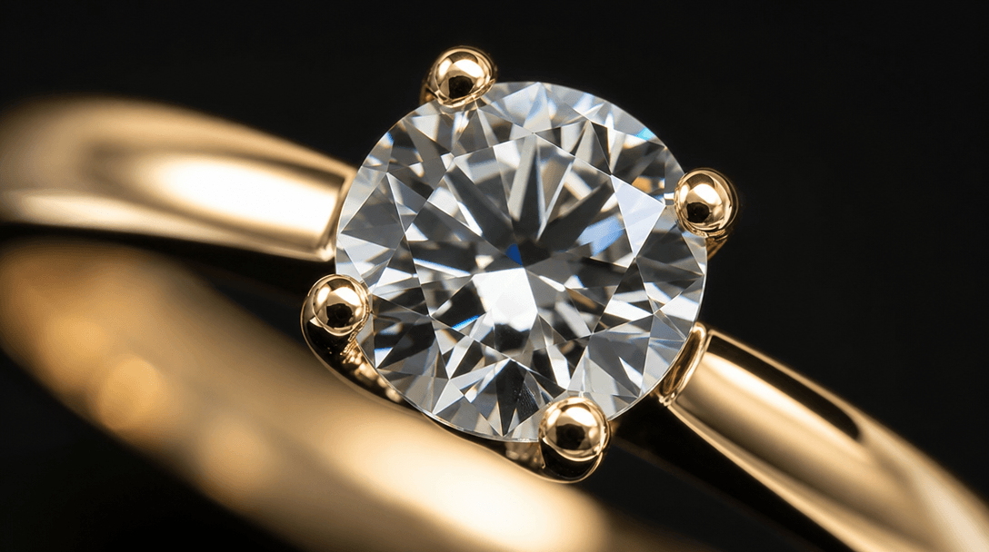 Macro photography of jewelry details showing diamond facets and reflection, gold surface with light highlights, soft stu
